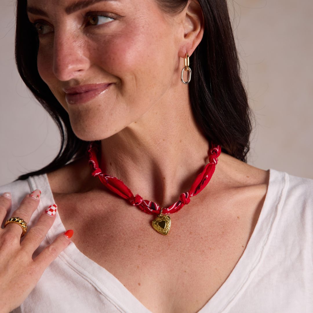 Red Bandana Charm Necklace, soft tied bandana style