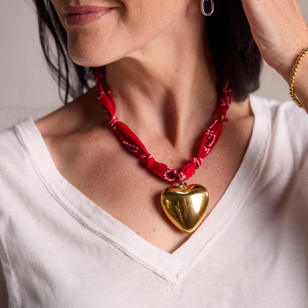 Red Bandana Charm Necklace, soft tied bandana style