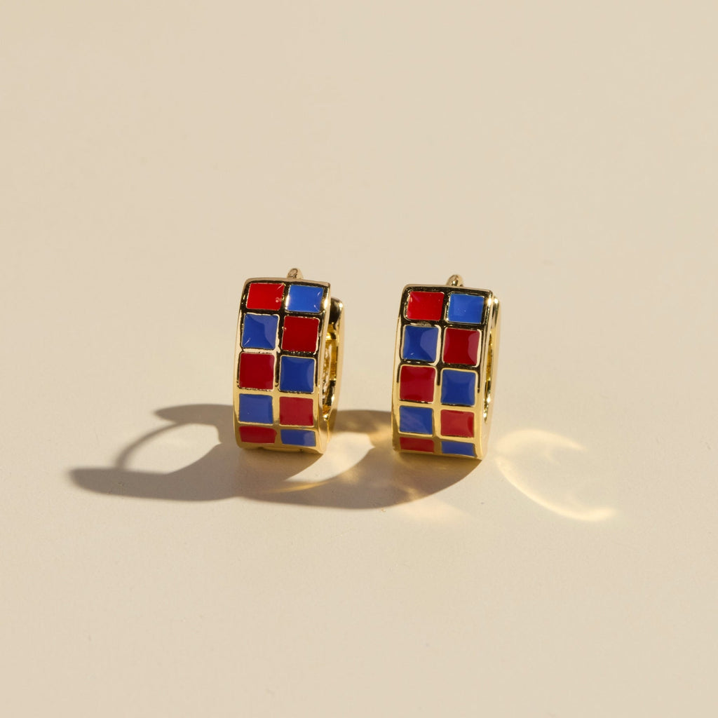 Red and blue checkered enamel huggie hoop with hinge closure