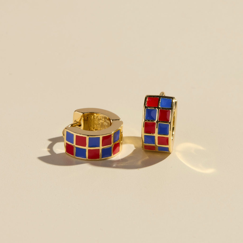 Red and Blue Checkered Enamel Huggie Earrings, small gold hoop