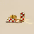 Red and White Checkered Enamel Huggie Earrings, small gold hoop