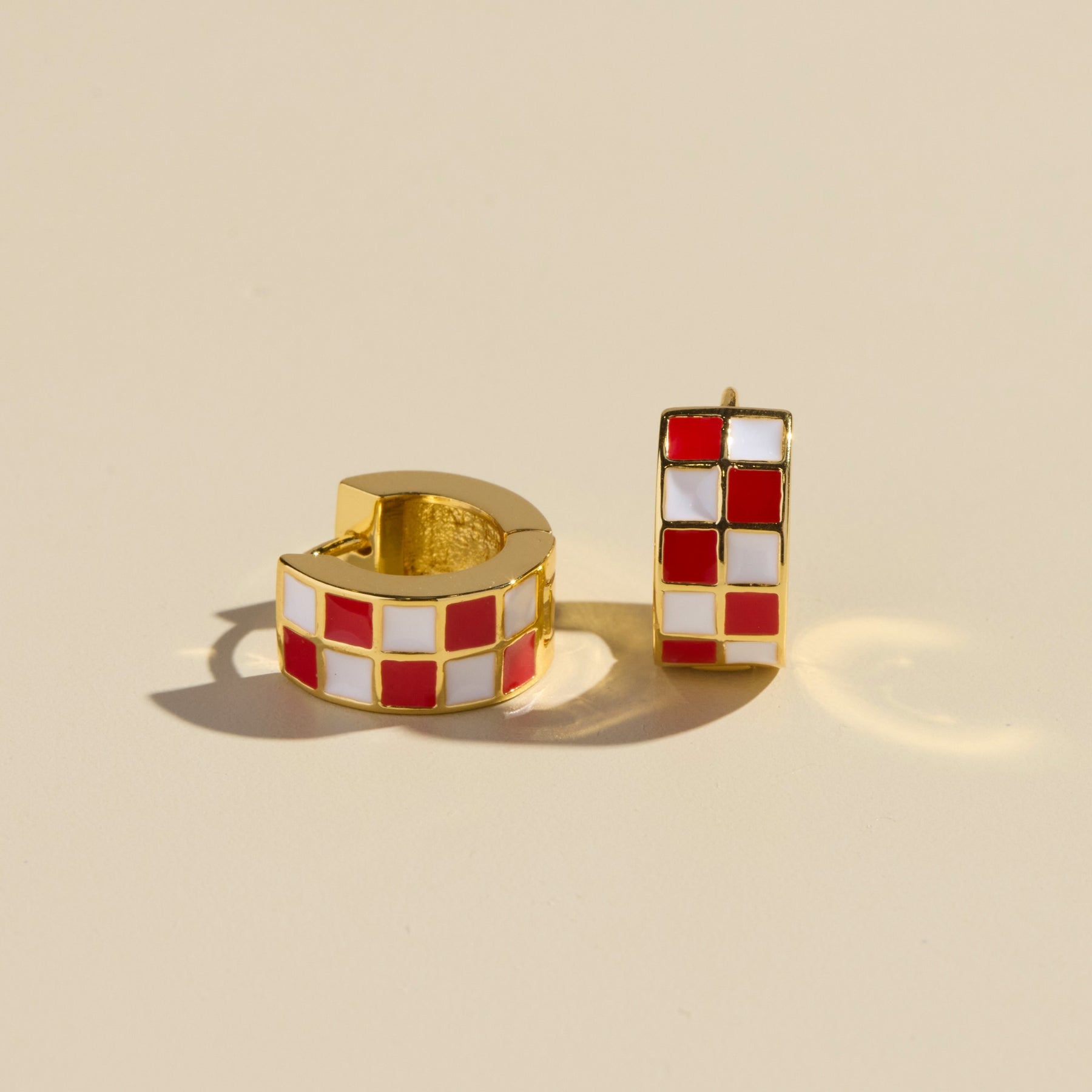 Red and White Checkered Enamel Huggie Earrings, small gold hoop