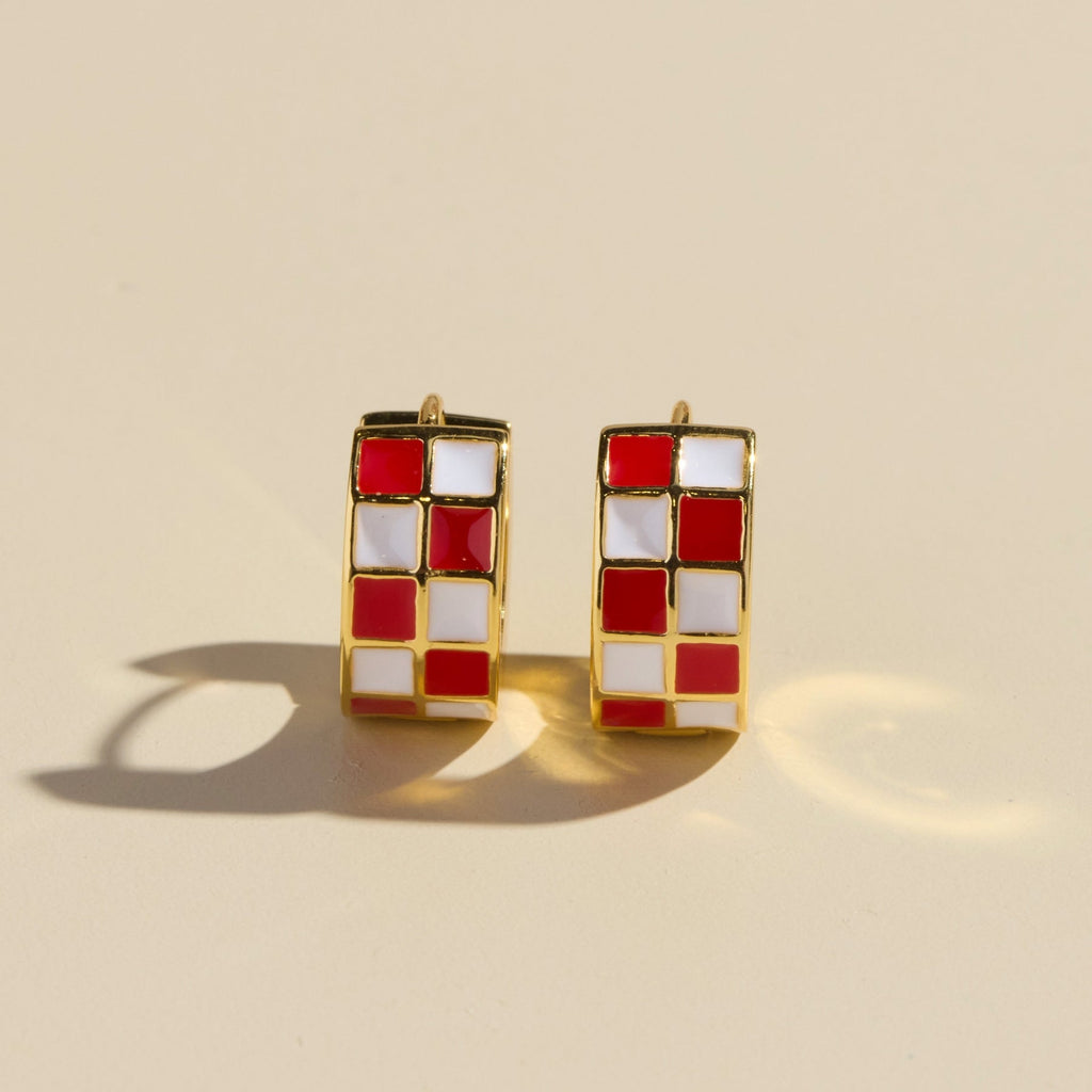 Red and White Checkered Enamel Huggie Earrings, small gold hoop