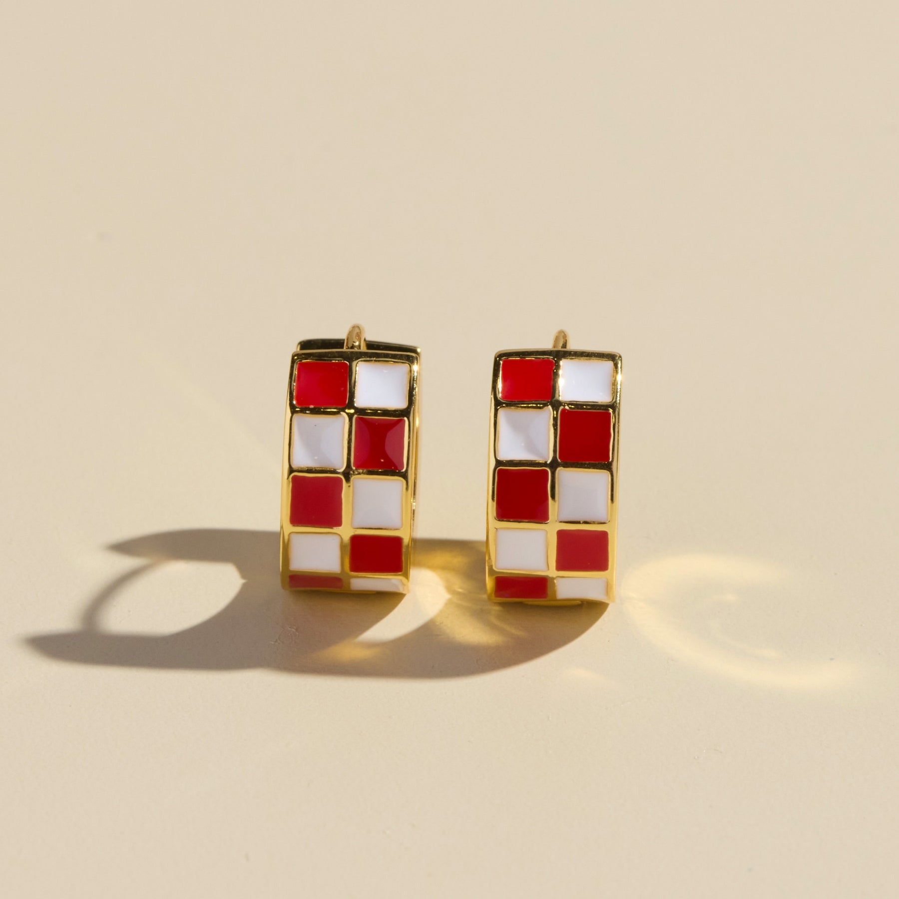 Red and White Checkered Enamel Huggie Earrings, small gold hoop