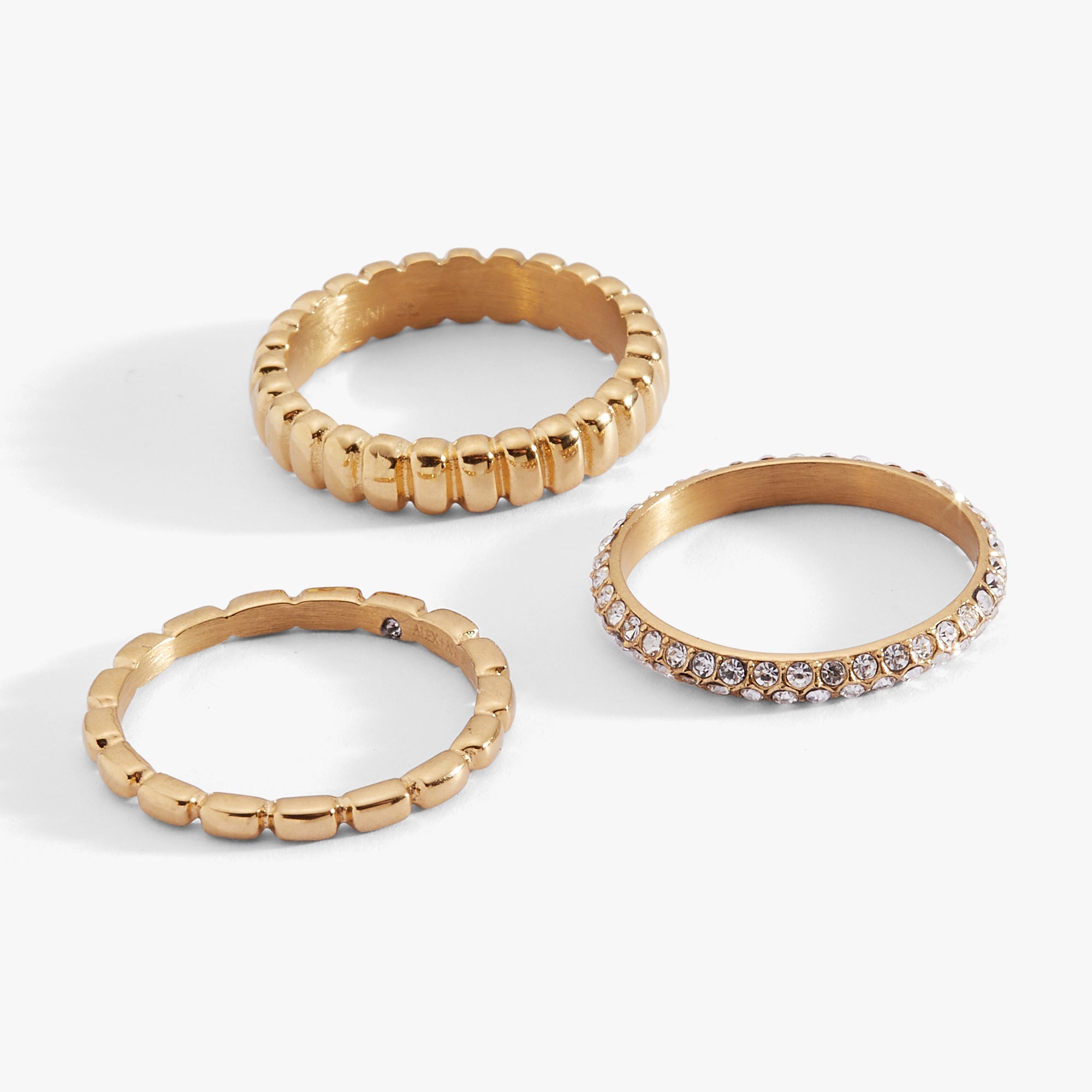 Ribbed Stacking Ring Set of 3 in Stainless Steel Gold - three ribbed stacking rings