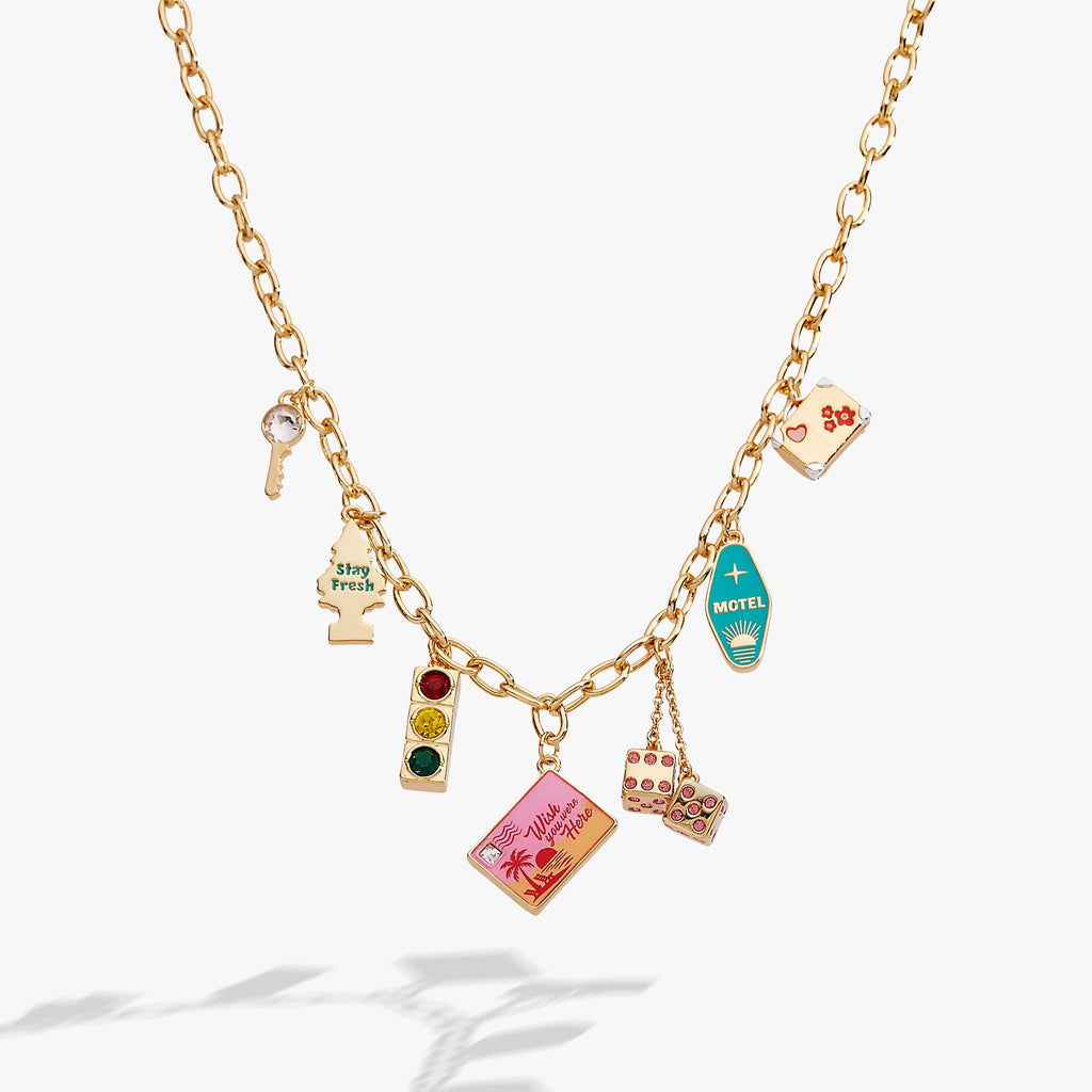 Road Trip Multi-Charm Necklace in Gold - travel charm necklace on adjustable chain