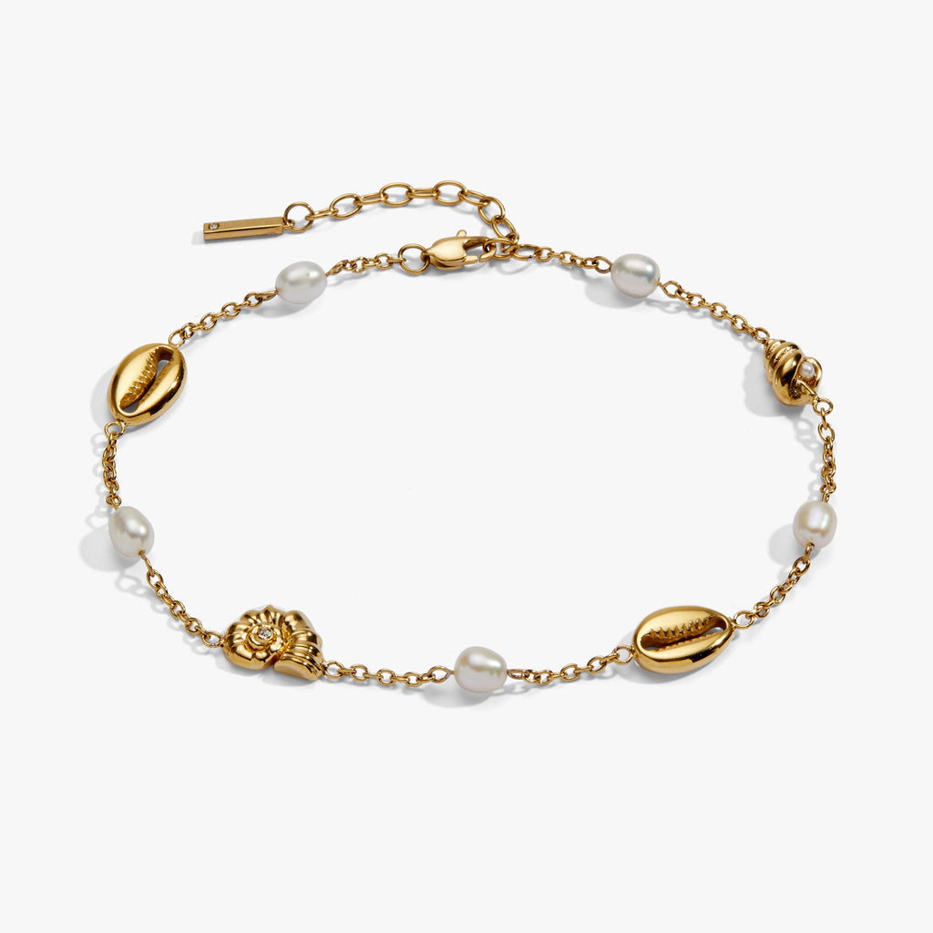 Seashell and Pearl Inline Charm Anklet in Stainless Steel Gold - seashell and pearl charms on anklet
