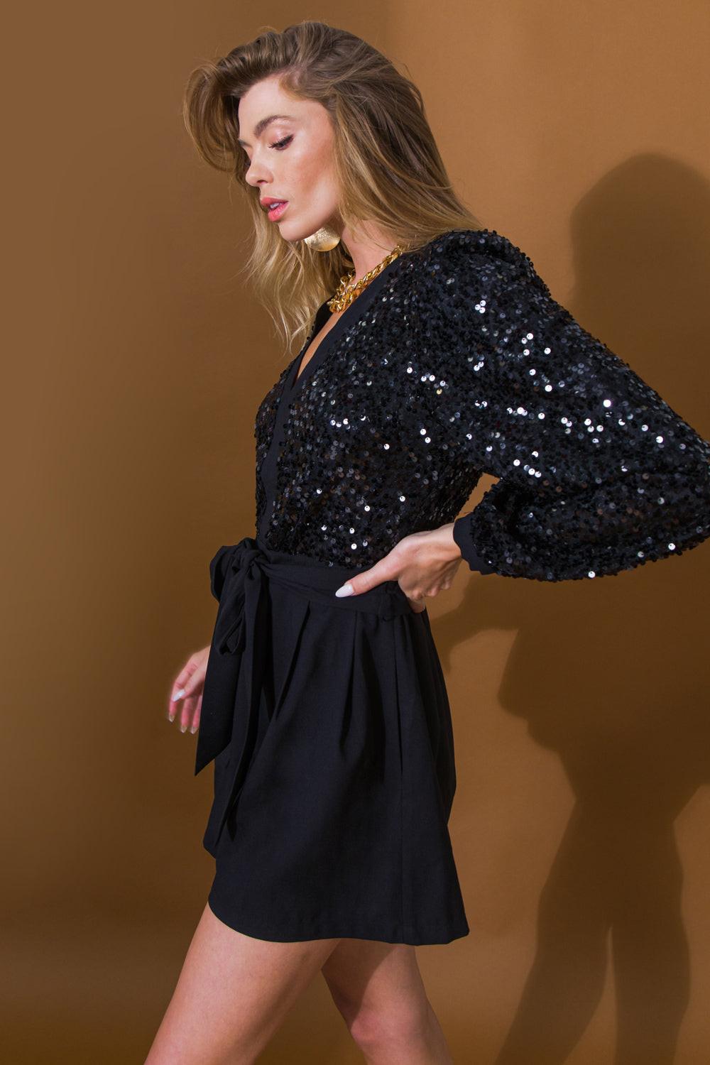 Black sequin V-neck long sleeve romper - view 5